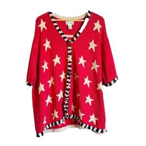 Quacker Factory Womens 3X Red Cardigan Short Sleeve Patriotic Sequin Star Button
